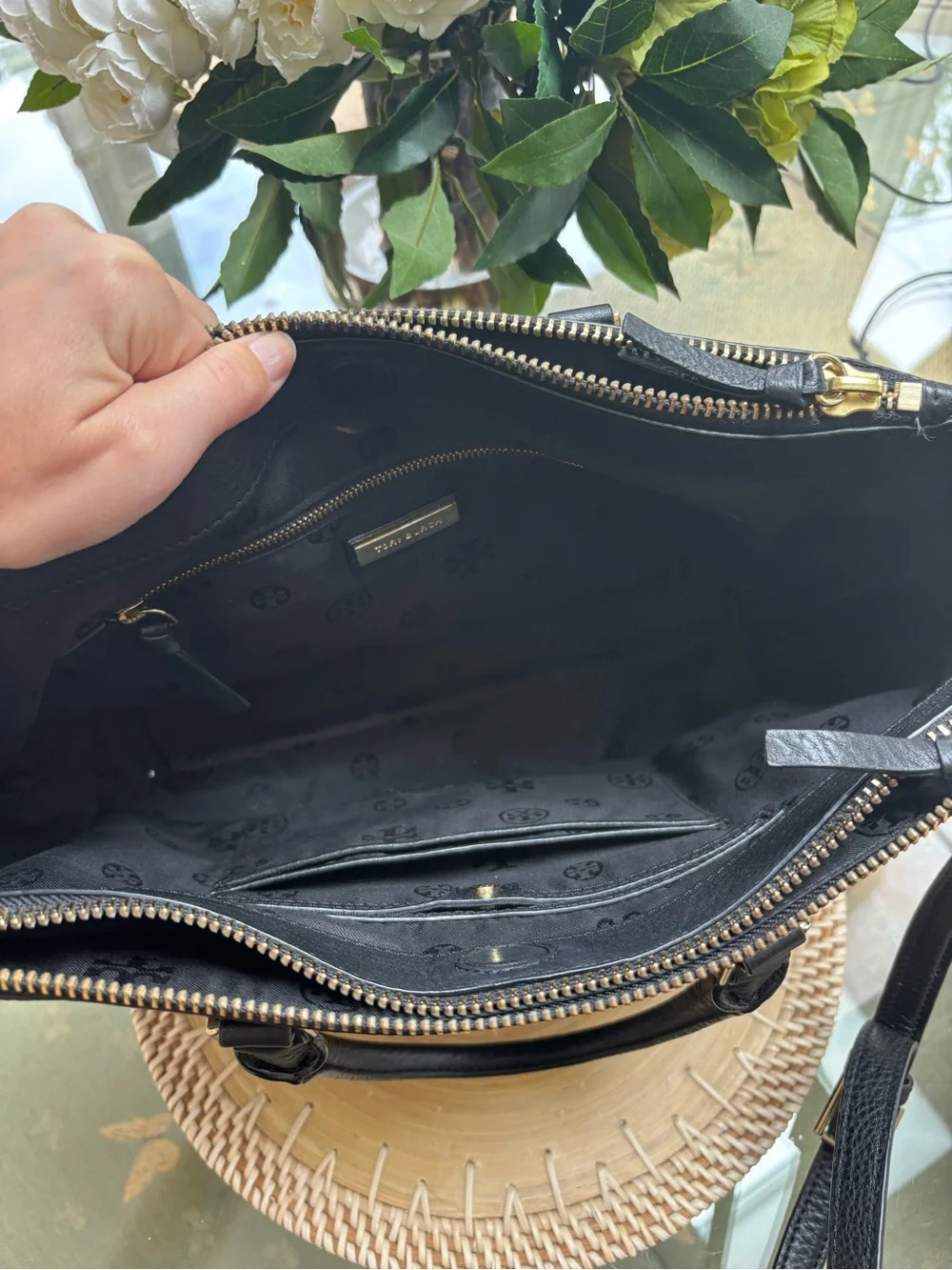 Tory Burch Robinson Double Zip Black Pebbled Leather Satchel Gold Hardware $575